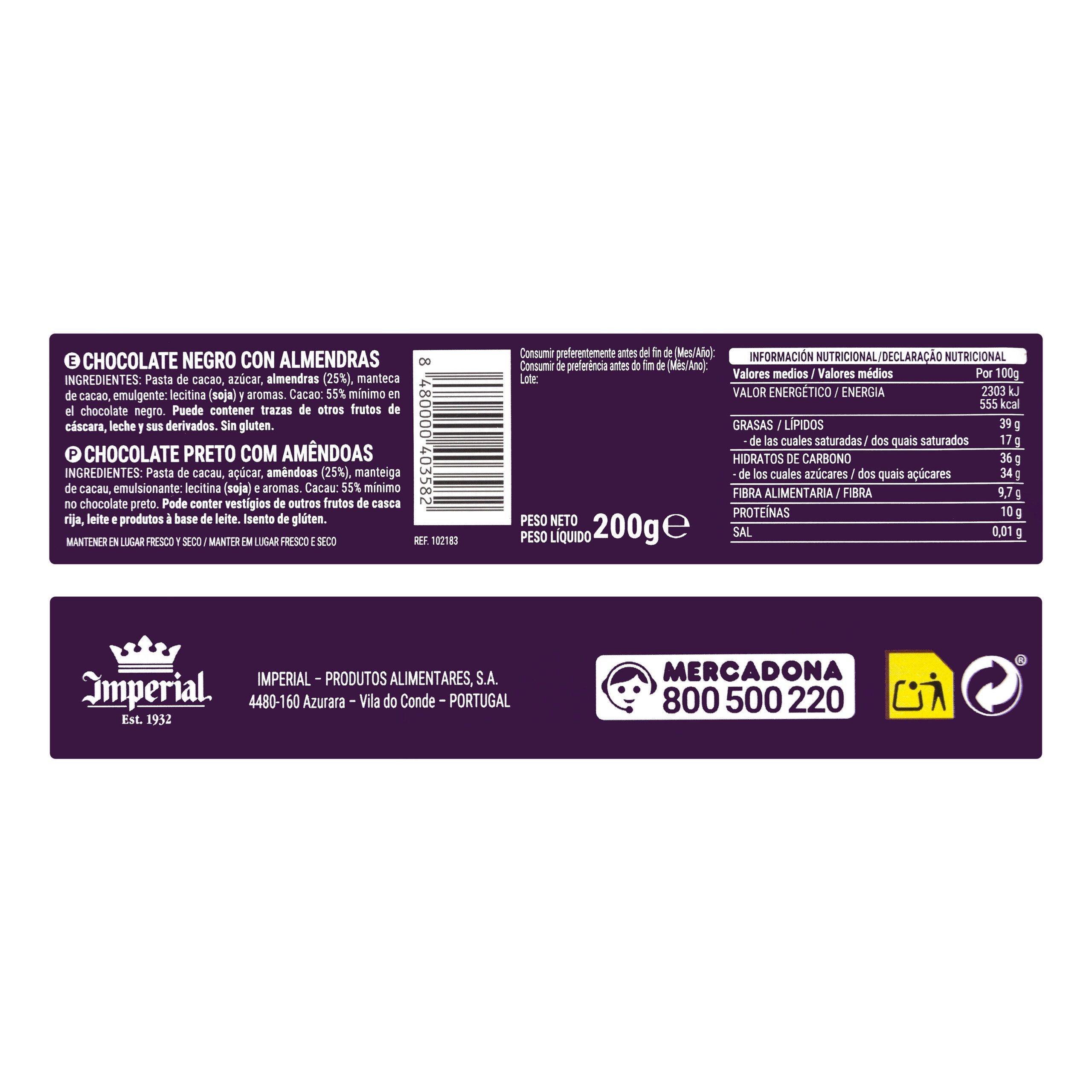Etiqueta Chocolate negro 55% cacao Hacendado con almendras